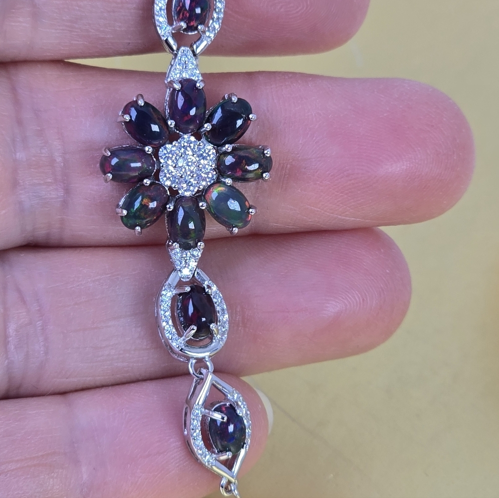 925 Sterling Silver Adjustable Flower Bracelet with Natural Blk Opal & Cz